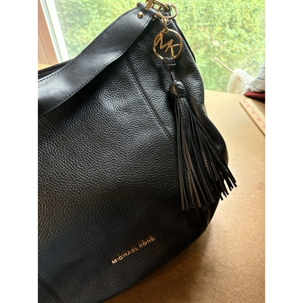 Michael Kors Black Pebbled Leather Hobo Shoulder Bag Tassel Charm Large Purse - Picture 4 of 8